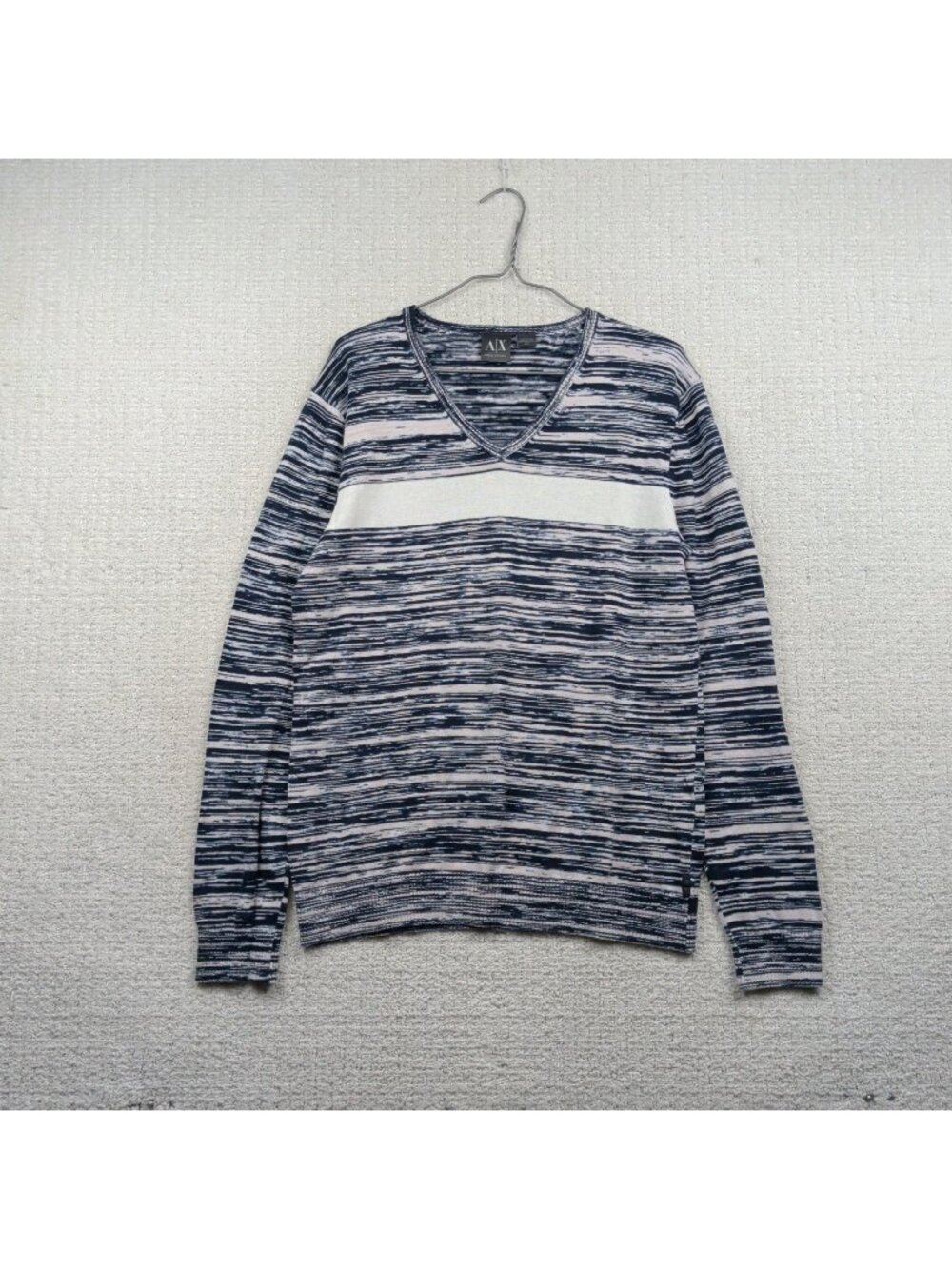 Armani Exchange Sweater Men Sz M Blue White Stripes V-Neck Knit Pullover Preppy